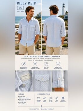 BILLY REID button up shirt men size Large 100% Linen Shirt Blue & white Stripe